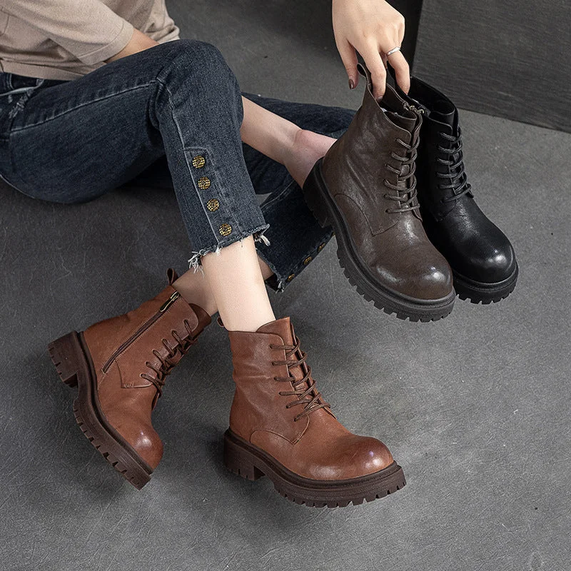 Women Retro Patchwork Leather Handmade Casual Boots