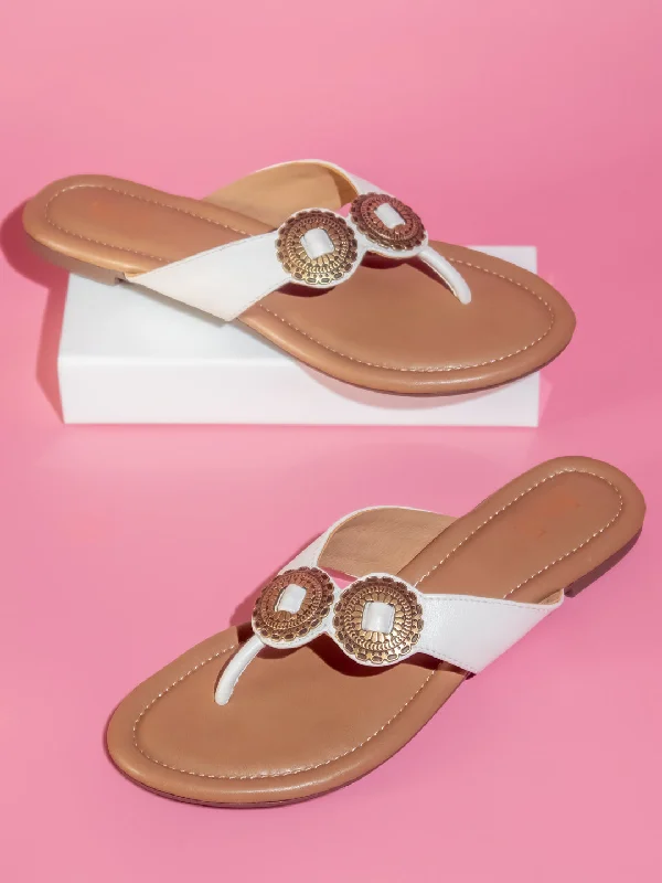 Women White Embellished Open Toe Flats