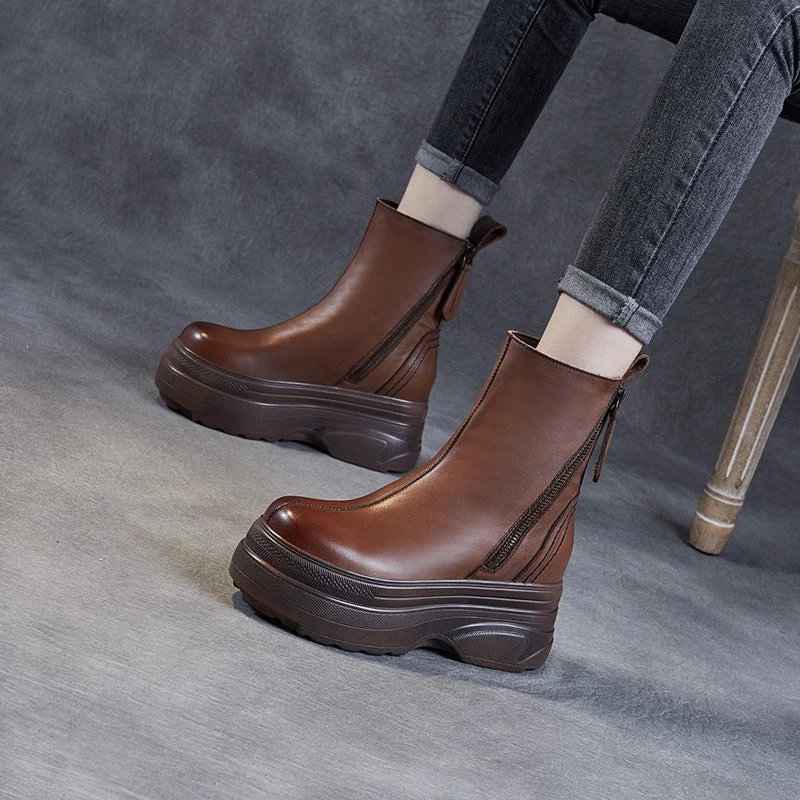 Women Solid Leather Retro Chunky Platform Boots