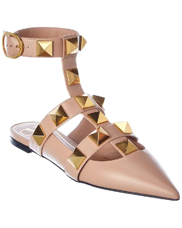 Valentino Roman Stud Leather Ankle Strap Flat