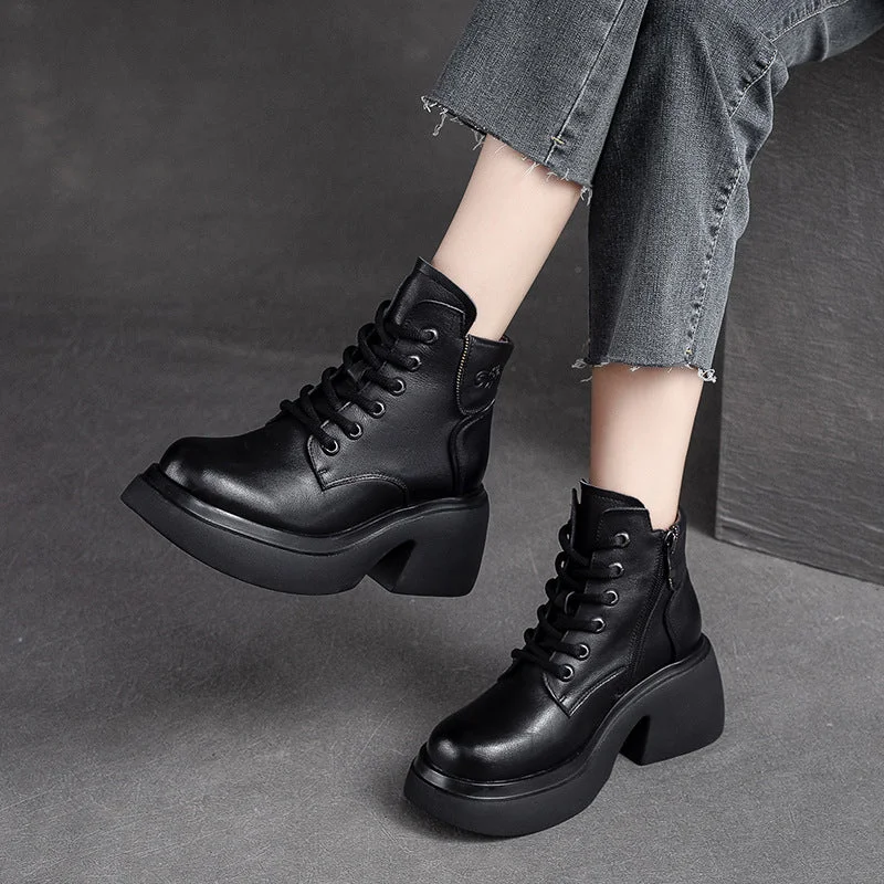 Women Retro Casual Leather Chunky Heel Boots