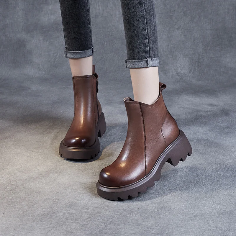 Women Retro Minimalist Leather Lug Soled Boots