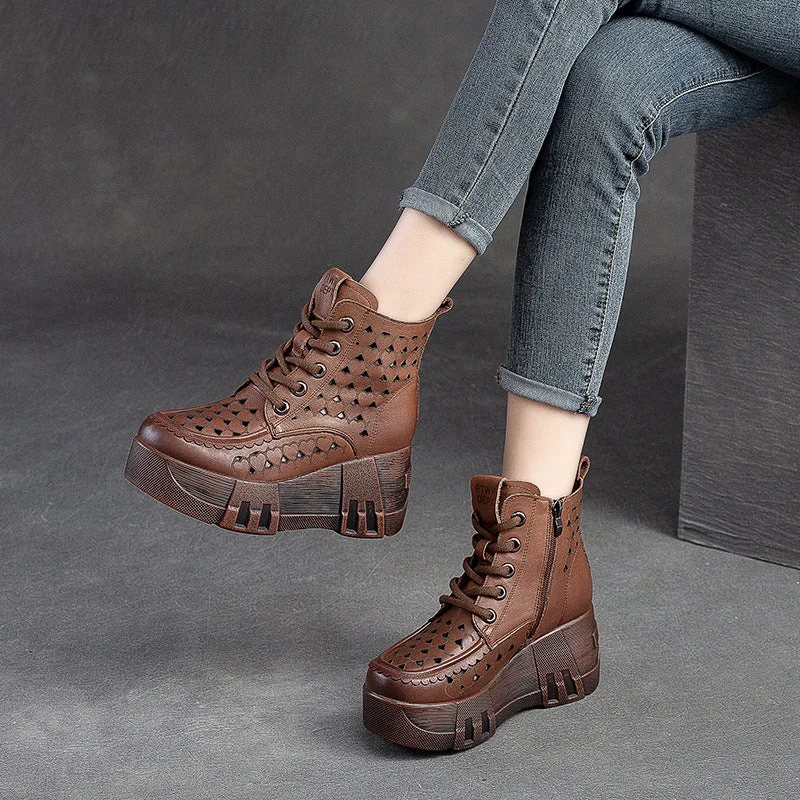 Women Retro Hollow Leather Chunky Platform Boots