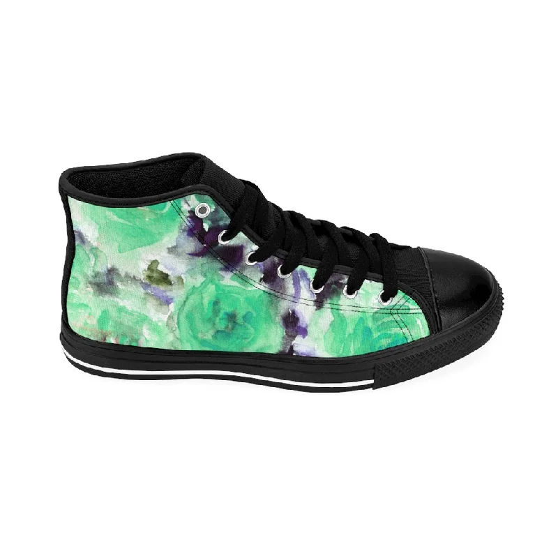 Turquoise Blue Men's High-top Sneakers, Floral Print Men's Designer Tennis Running Shoes