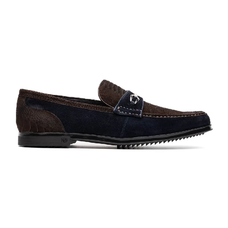 Marco Di Milano Hugo Men's Shoes Brown & Navy Suede / Ostrich Leg Horsebit Loafers (MDM1062)