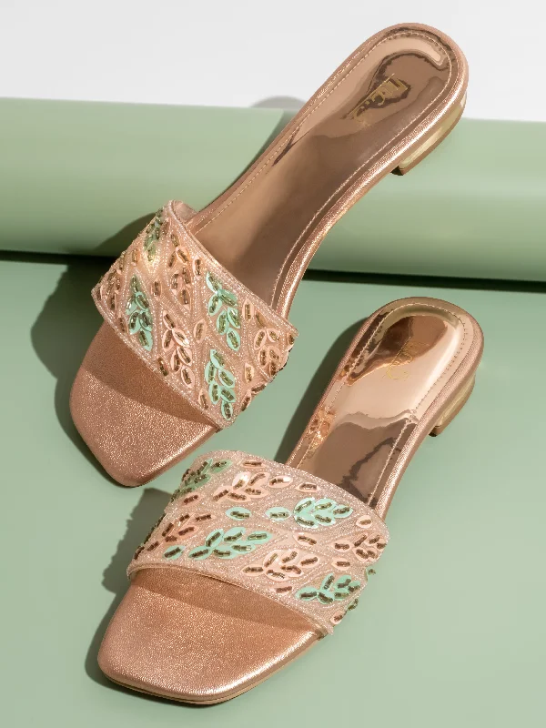 Women Rose Gold Ethnic Embroidered Open Toe Flats