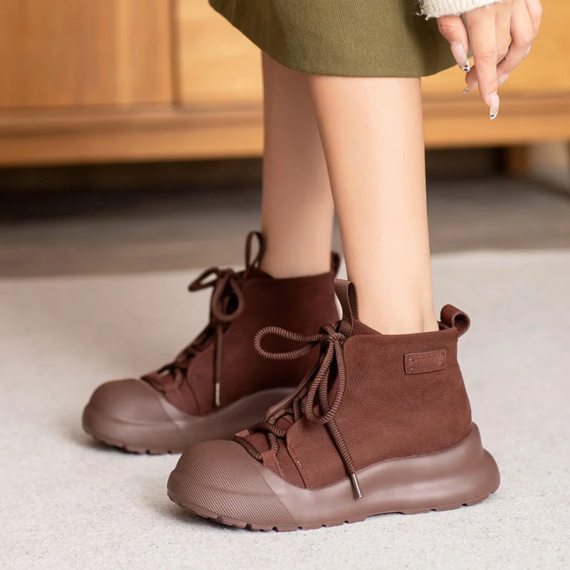 Women Retro Solid Leather Ankle Lace-up Boots