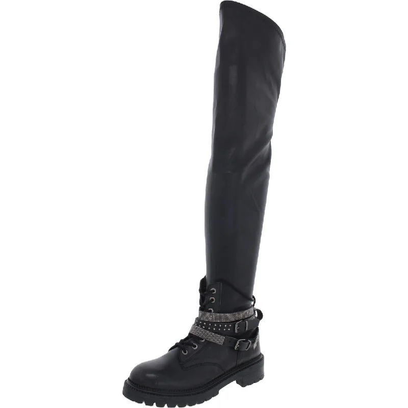 Steve Madden Womens Bronte Leather Rhinestone Thigh-High Boots