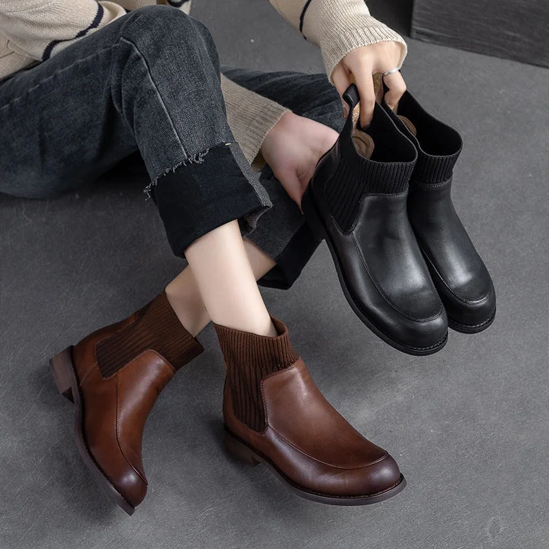 Women Retro Leather Patchwork Ankle Sock Boots