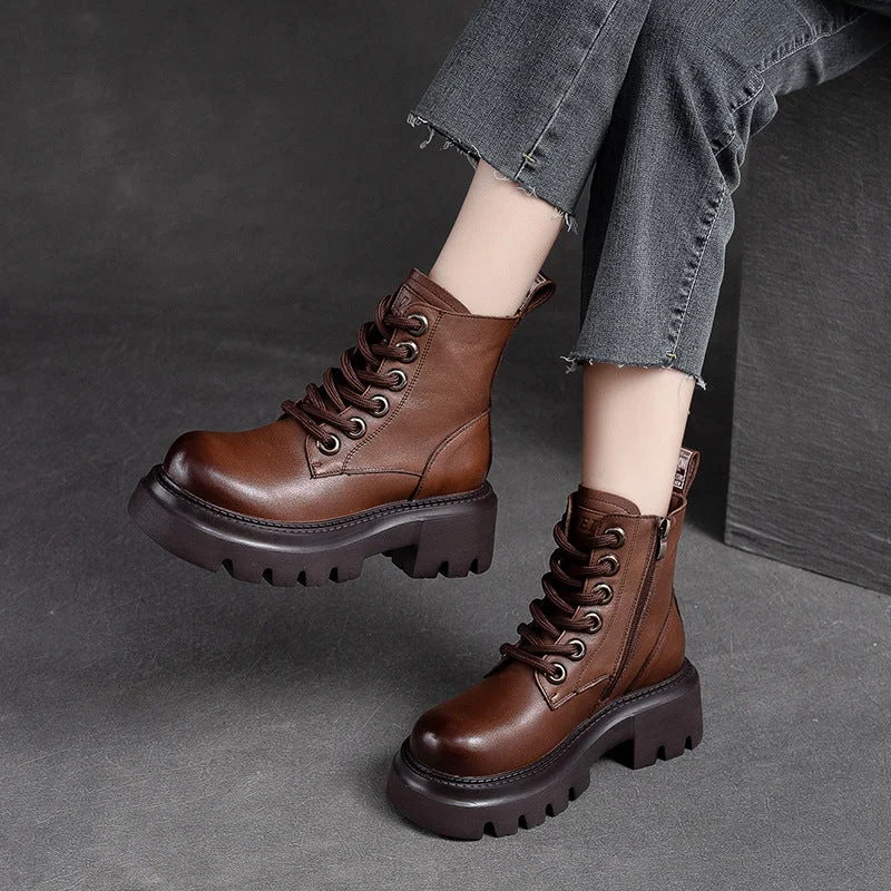 Women Retro Minimalist Classic Leather Lug Sole Boots