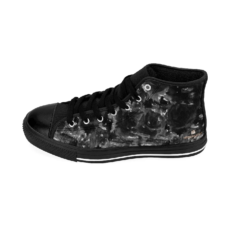 Grey Rose Men's High-top Sneakers, Abstract Print Men's Designer Tennis Running Shoes