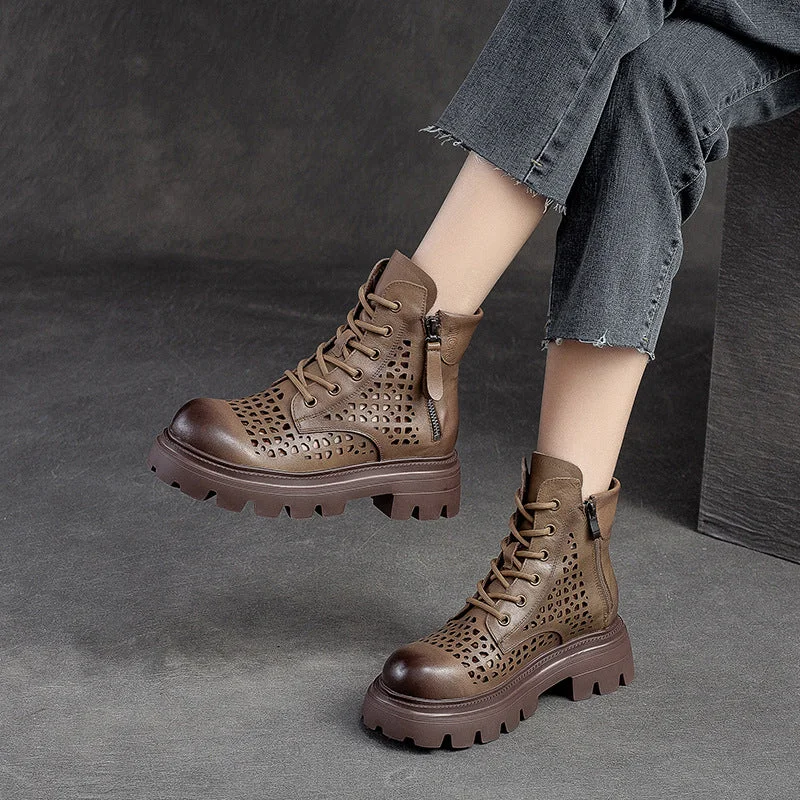 Women Summer Hollow Leather Lug Sole Boots