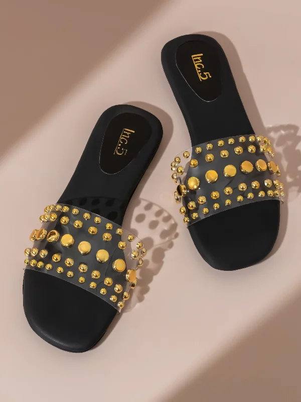 Women Black & Gold-Toned Transparent Embellished Open Toe Flats