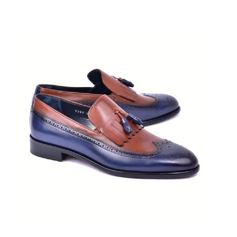 Corrente C00019-7397 Men's Shoes Navy & Brown Calf-Skin Leather Wingtip Kiltie tassels Loafers (CRT1494)