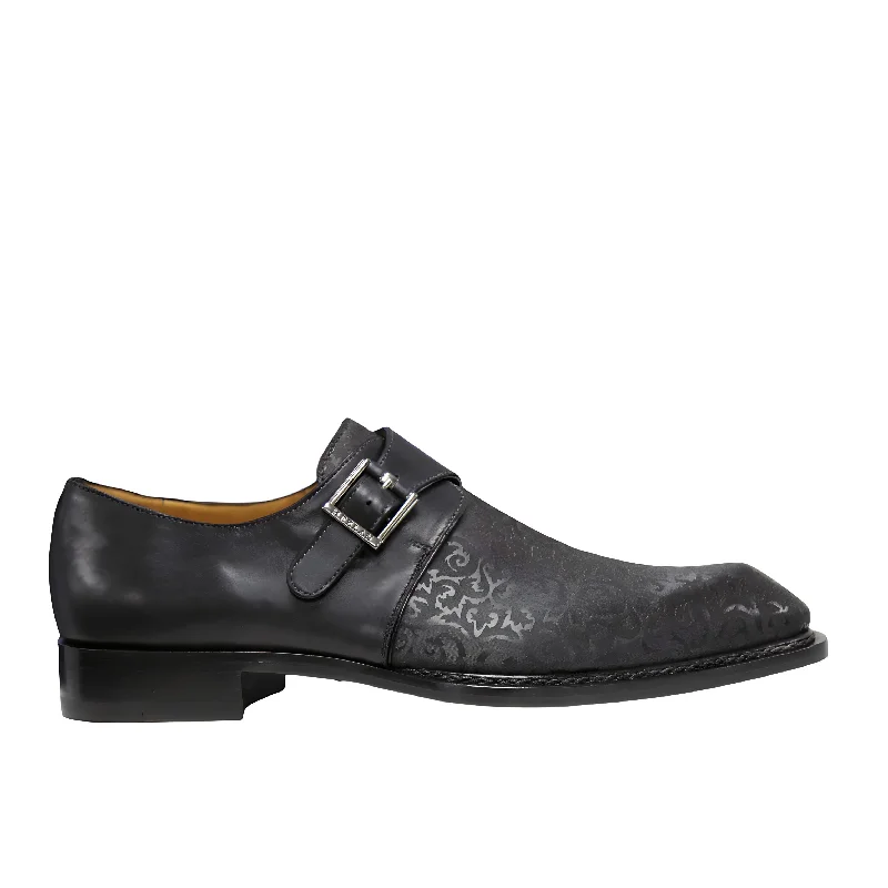 Ambrogio by Mezlan Men's Shoes Black Calf-Skin Leather Single Monk-Strap Loafers (AMZ1013)