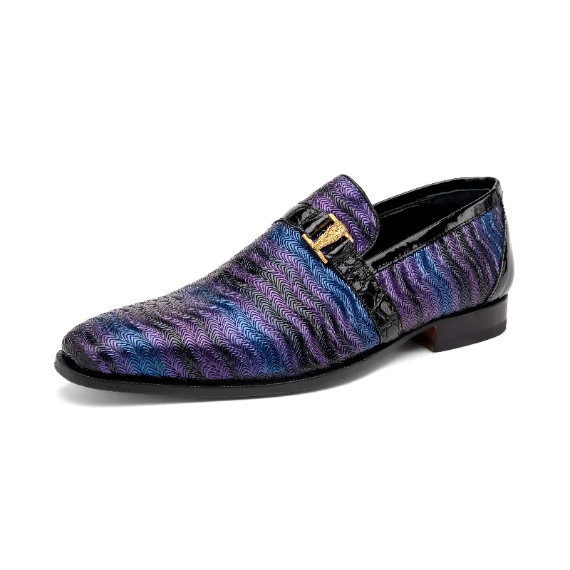 Mauri Elegante 4709-6 Men's Shoes Purple, Blue & Black Balera Fabric / Alligator / Patent Leather Slip-On Loafers (MA5567)