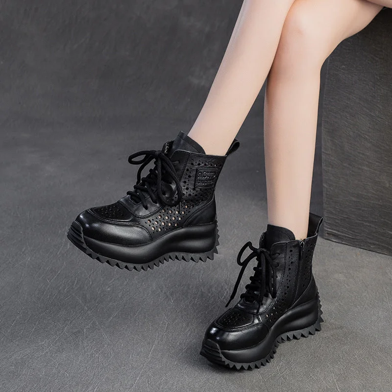 Women Retro Hollow Leather Thick Lug Sole Boots