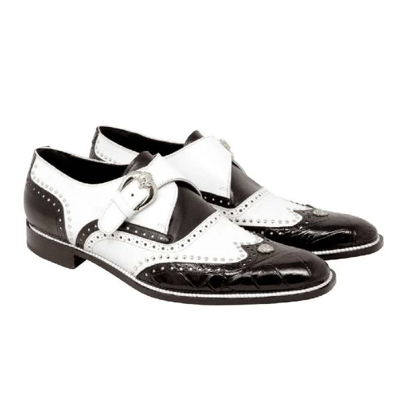 Mauri 3051 Godfather Men's Designer Shoes Black and White Alligator Calf-Skin Leather Dress Loafers 3051 (MA5111)