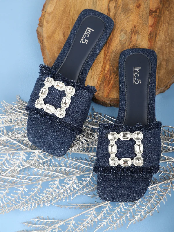 Women Navy & Silver-Toned Denim Buckle Detailed Open Toe Flats