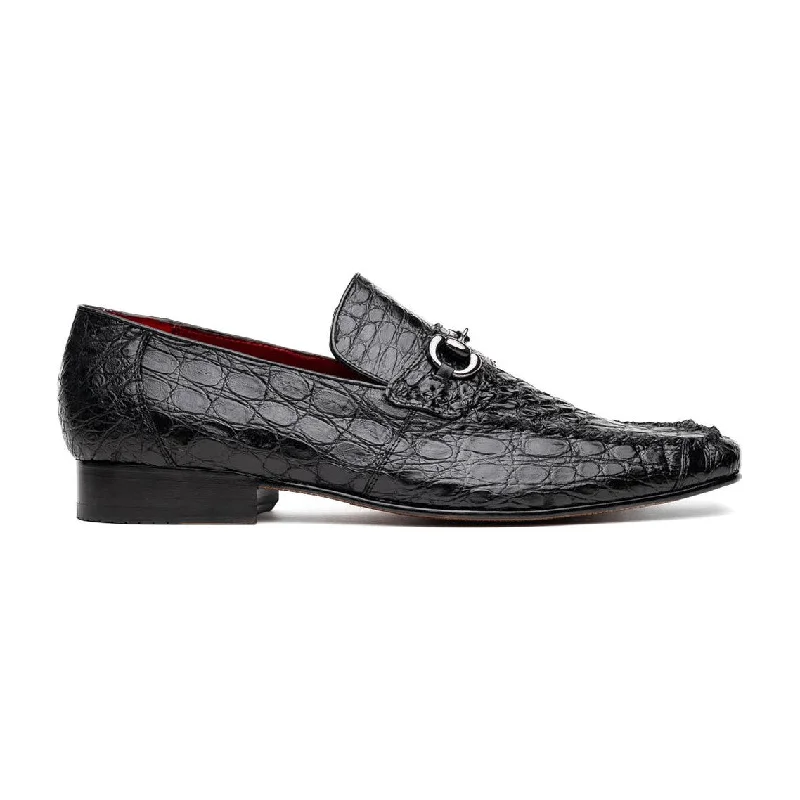 Marco Di Milano Landro Men's Shoes Black Exotic Crocodile Horsebit Loafers (MDM1023)