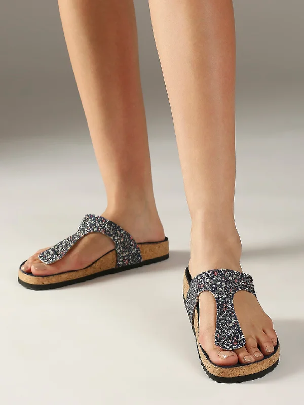 Women Navy Printed Cork Finish T-Strap Flats