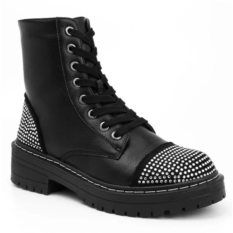 Sugar Womens Kalina Rhinestone Zip Up Combat & Lace-up Boots