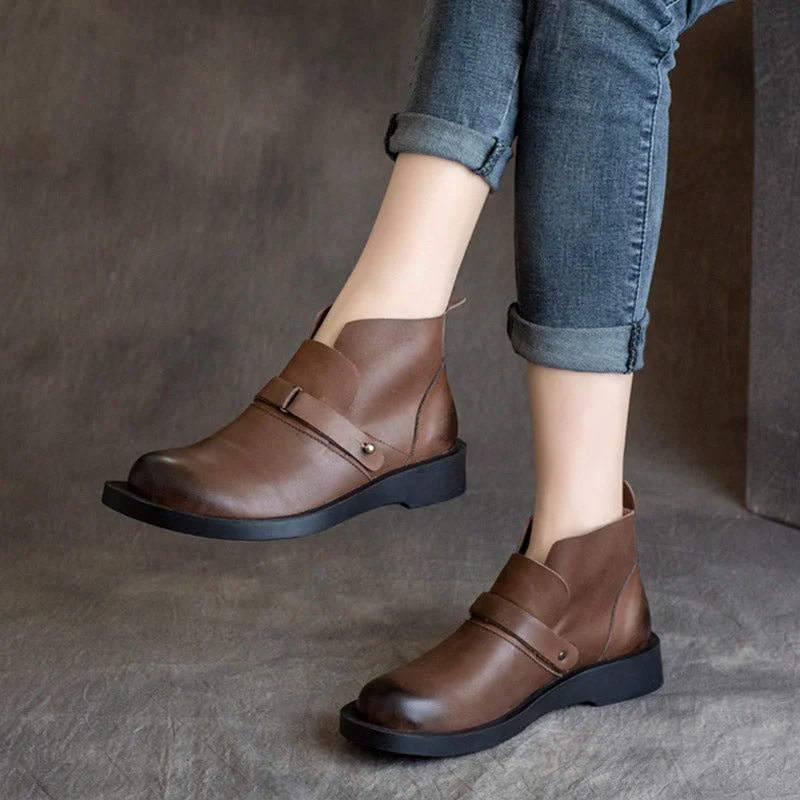 Women Solid Leather Retro Soft Flat Boots