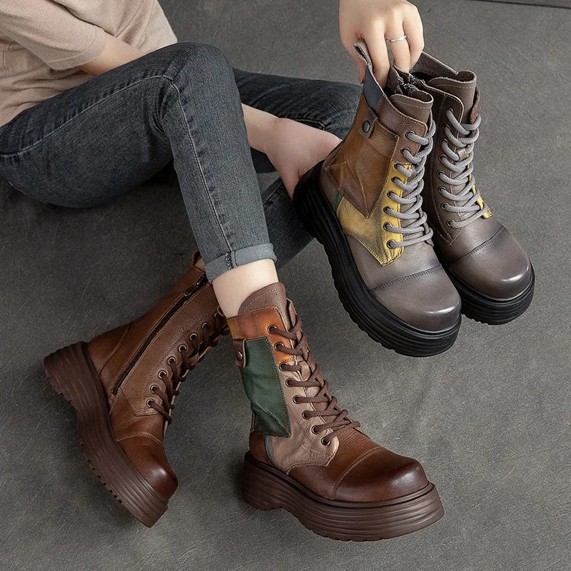 Women Retro Casual Leather Thick Sole Boots