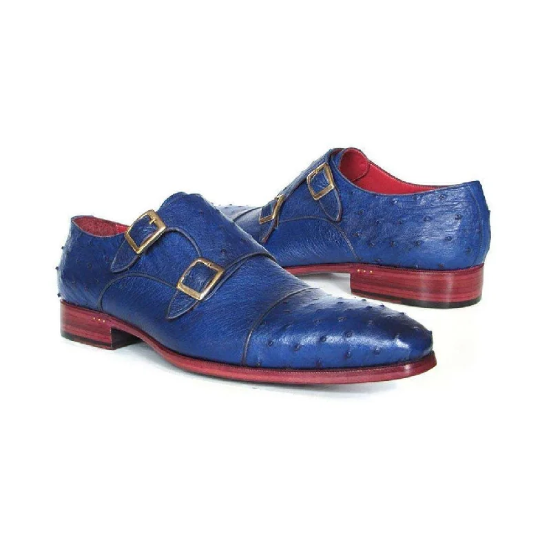 Paul Parkman Handmade Designer Shoes Men's Handmade Designer Shoes Genuine Ostrich Double Monkstraps Sax Blue Loafers (PM4021)