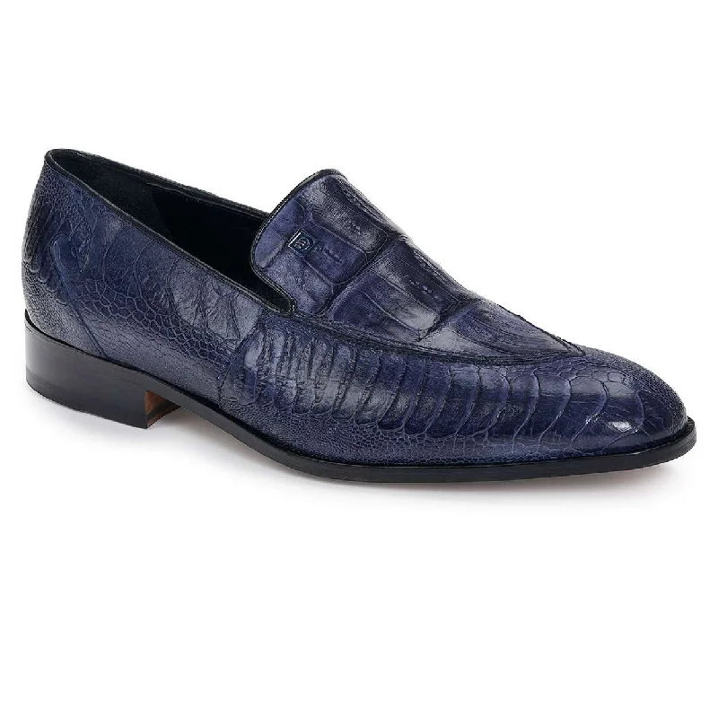 Mauri 4878 Designer Men's Shoes Navy Exotic Ostrich Leg & Baby Crocodile Loafers (MA4913)