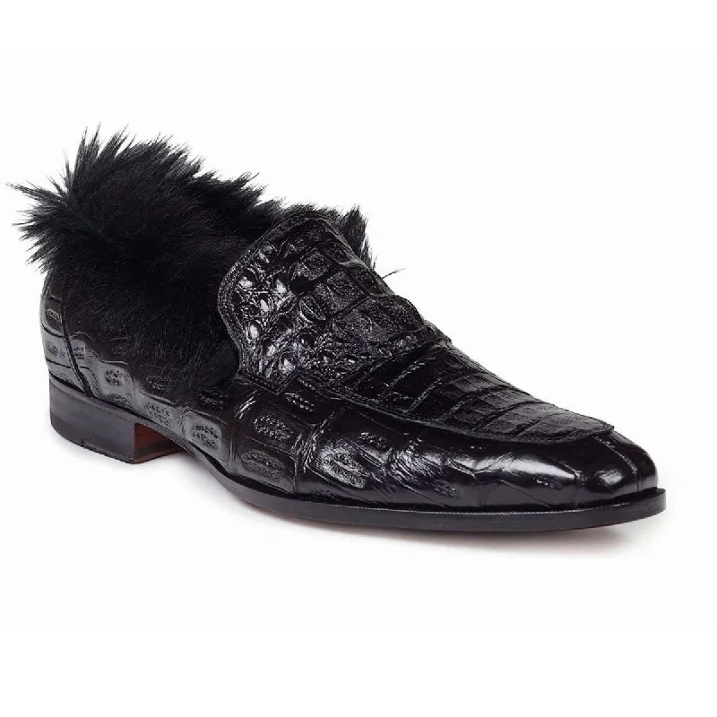 Mauri Designer Shoes 4615-4 Men's Designer Shoes Romeo Black Baby Crocodile & Kangaroo Fur Loafers Art (MA4638)