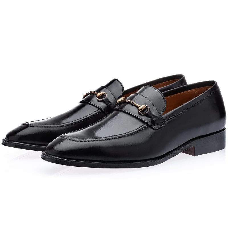 SUPERGLAMOUROUS Elmoro Vintage Men's Shoes Black Calf-Skin Leather Horsebit Loafers (SPGM1300)